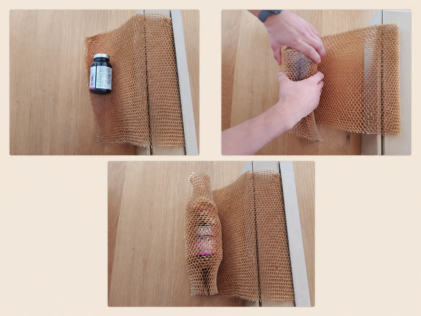 pakowanie suplementów -małe słoiki Kosmetyki zabezpieczone papierem honeycomb 3D